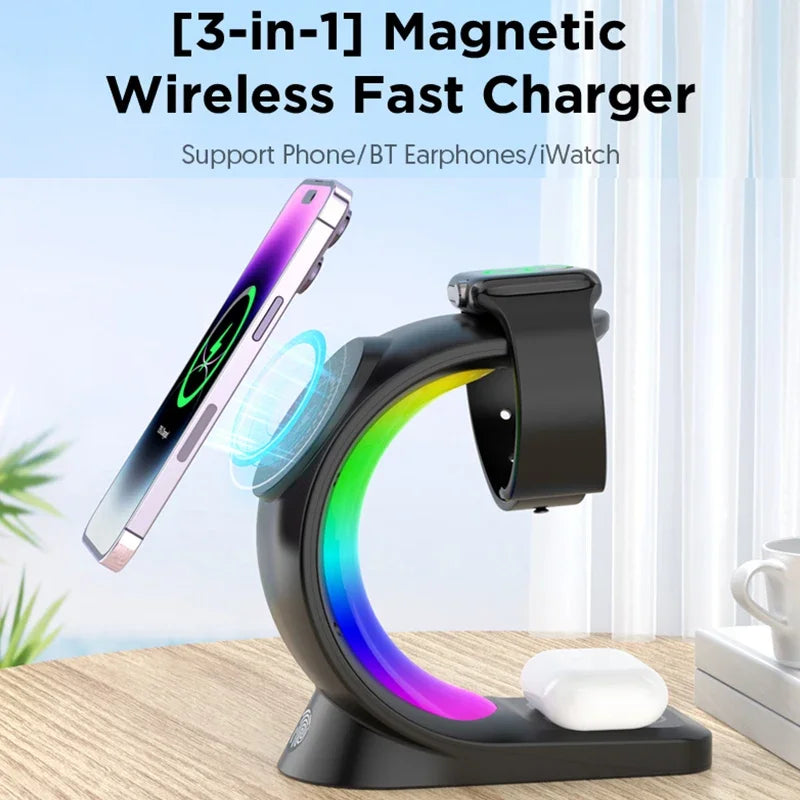 15W 4 in 1 RGB Light Magnetic Wireless Charger Stand For iPhone 14 13 12 Airpod Pro Apple Watch 8 7 6 Fast Charging Dock Station