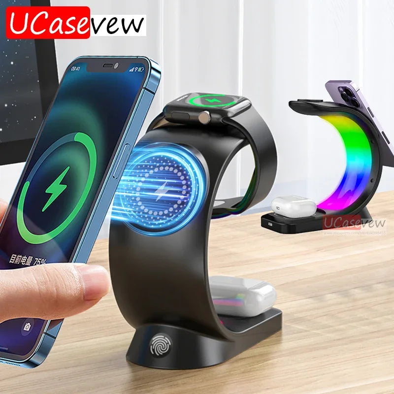 15W 4 in 1 RGB Light Magnetic Wireless Charger Stand For iPhone 14 13 12 Airpod Pro Apple Watch 8 7 6 Fast Charging Dock Station