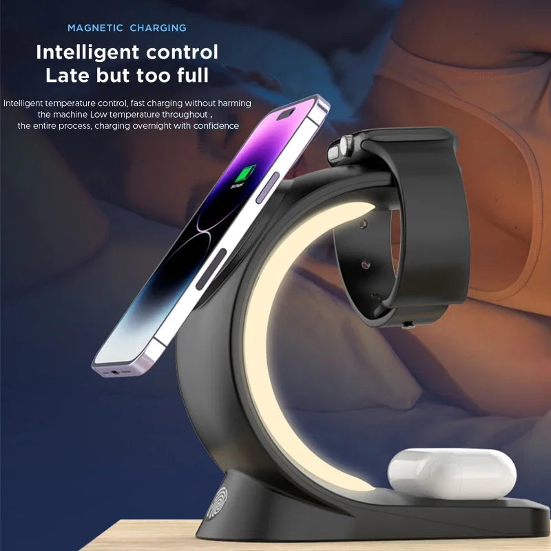 15W 4 in 1 RGB Light Magnetic Wireless Charger Stand For iPhone 14 13 12 Airpod Pro Apple Watch 8 7 6 Fast Charging Dock Station